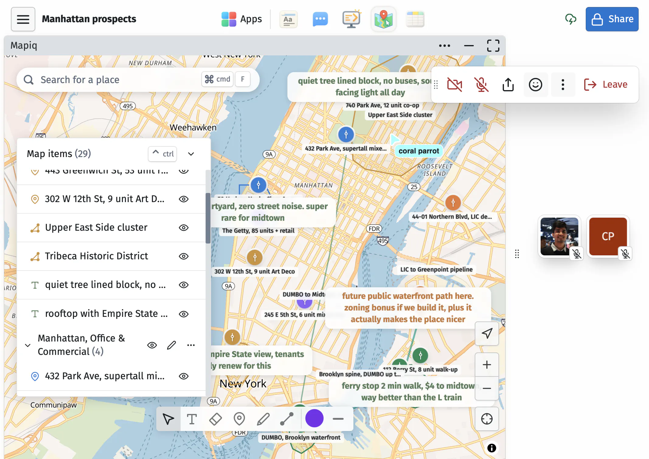 Manhattan real-estate prospects, clusters, and notes on a shared Mapiq map