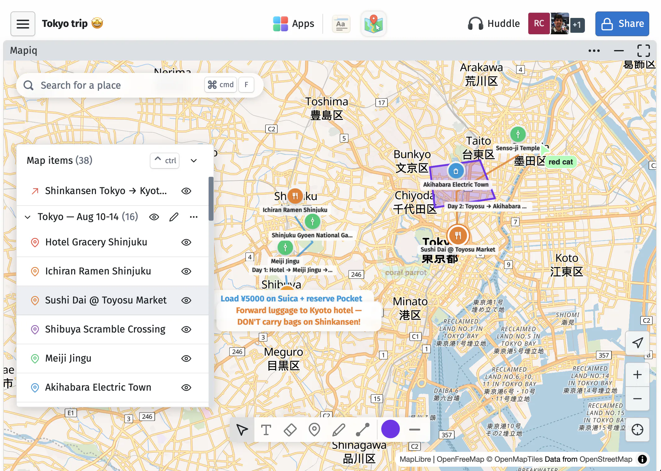 A shared Tokyo trip map with saved places, day routes, notes, and collaborator cursors