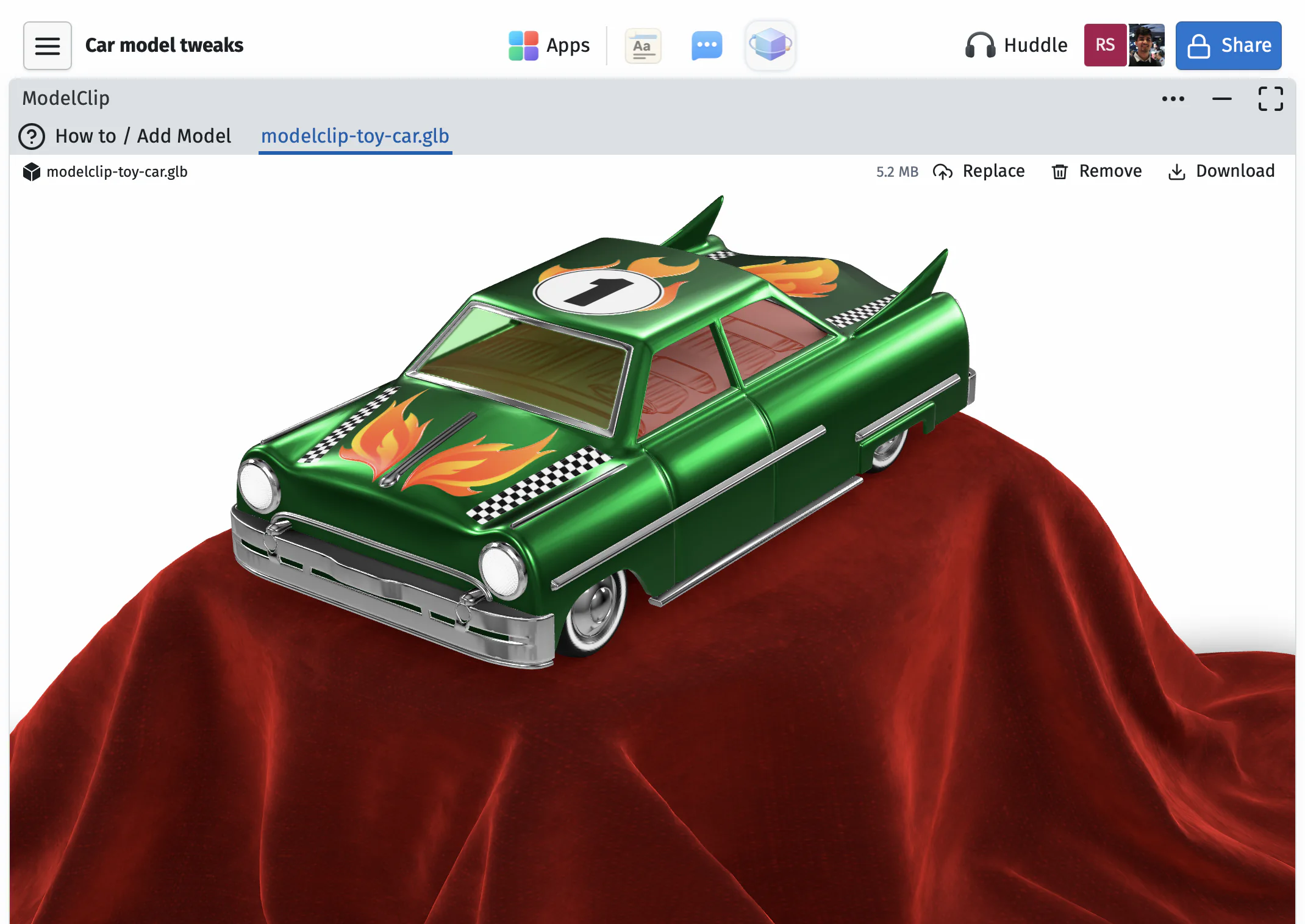 A detailed toy car GLB open in ModelClip