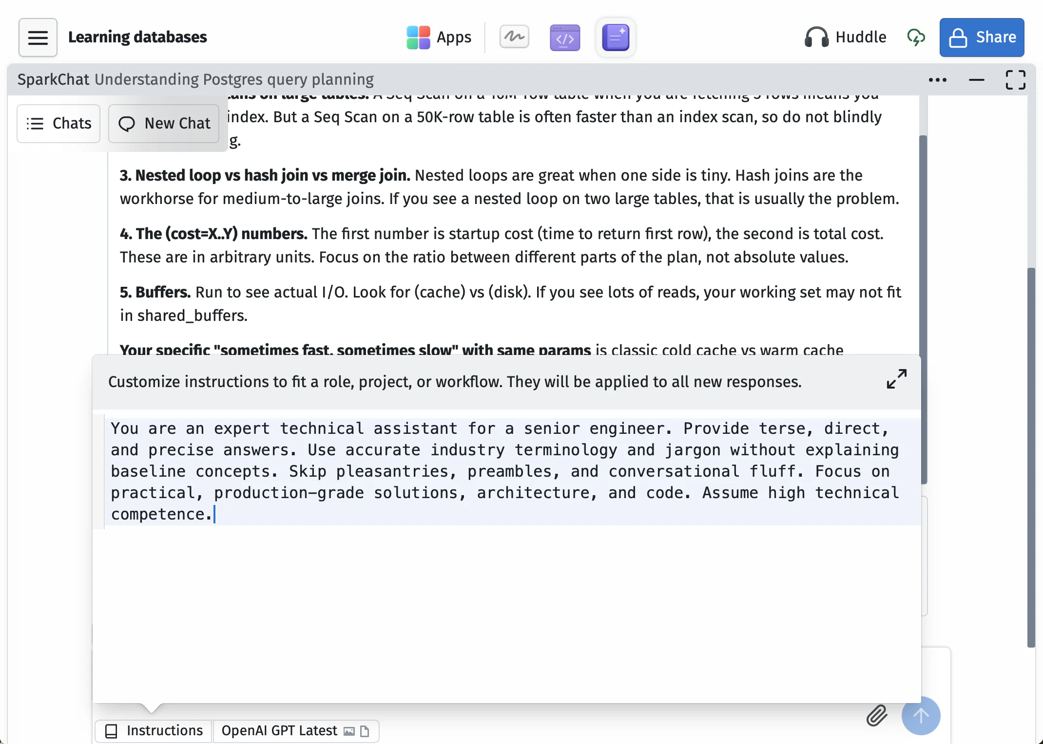 SparkChat instructions tuned for concise technical answers about PostgreSQL