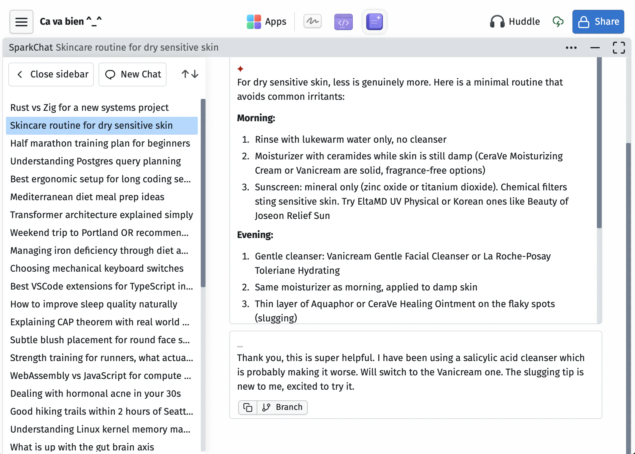 SparkChat sidebar with chats about work, health, travel, and everyday questions