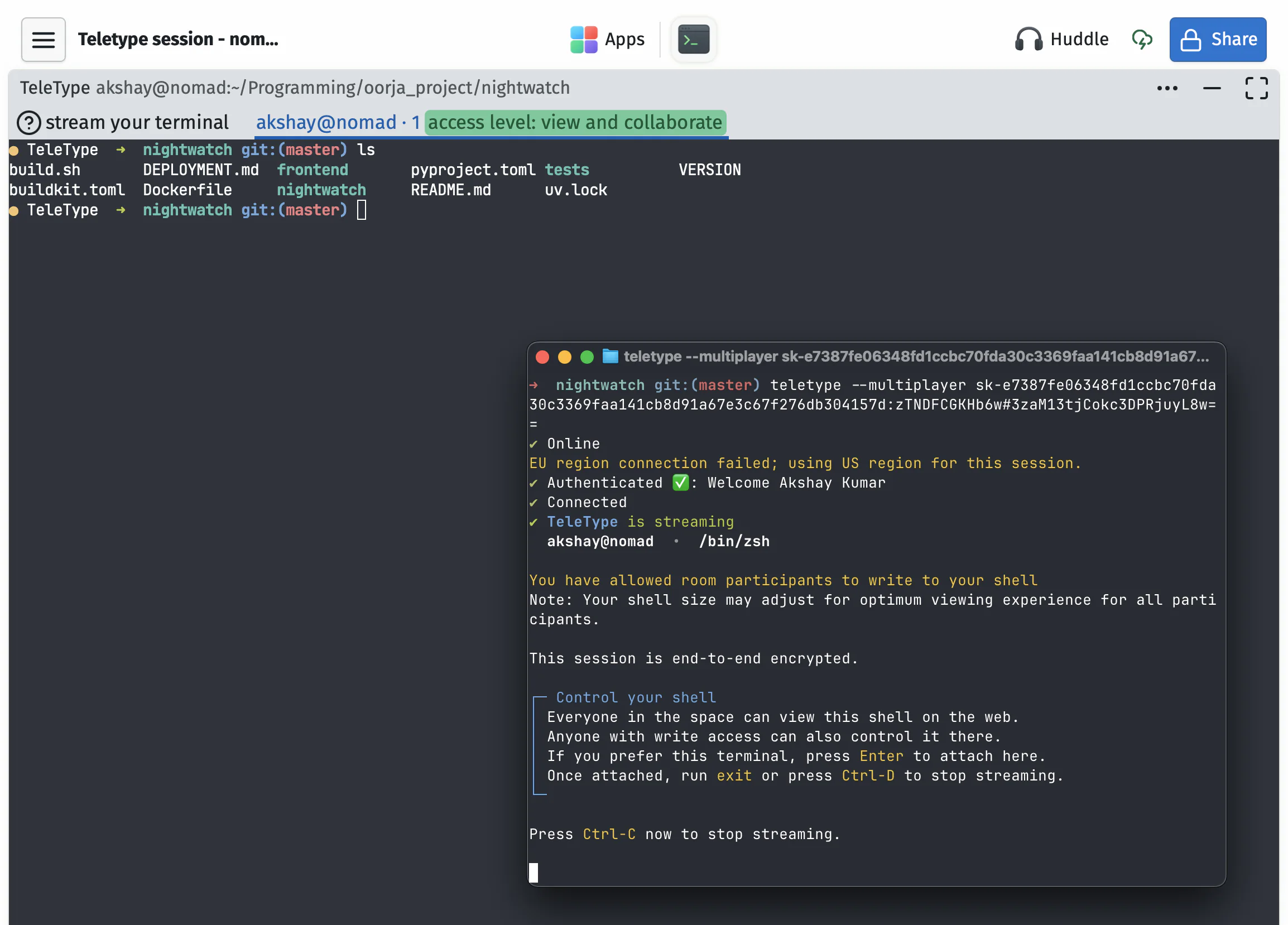 A local terminal streaming live into TeleType in a SupaKit space