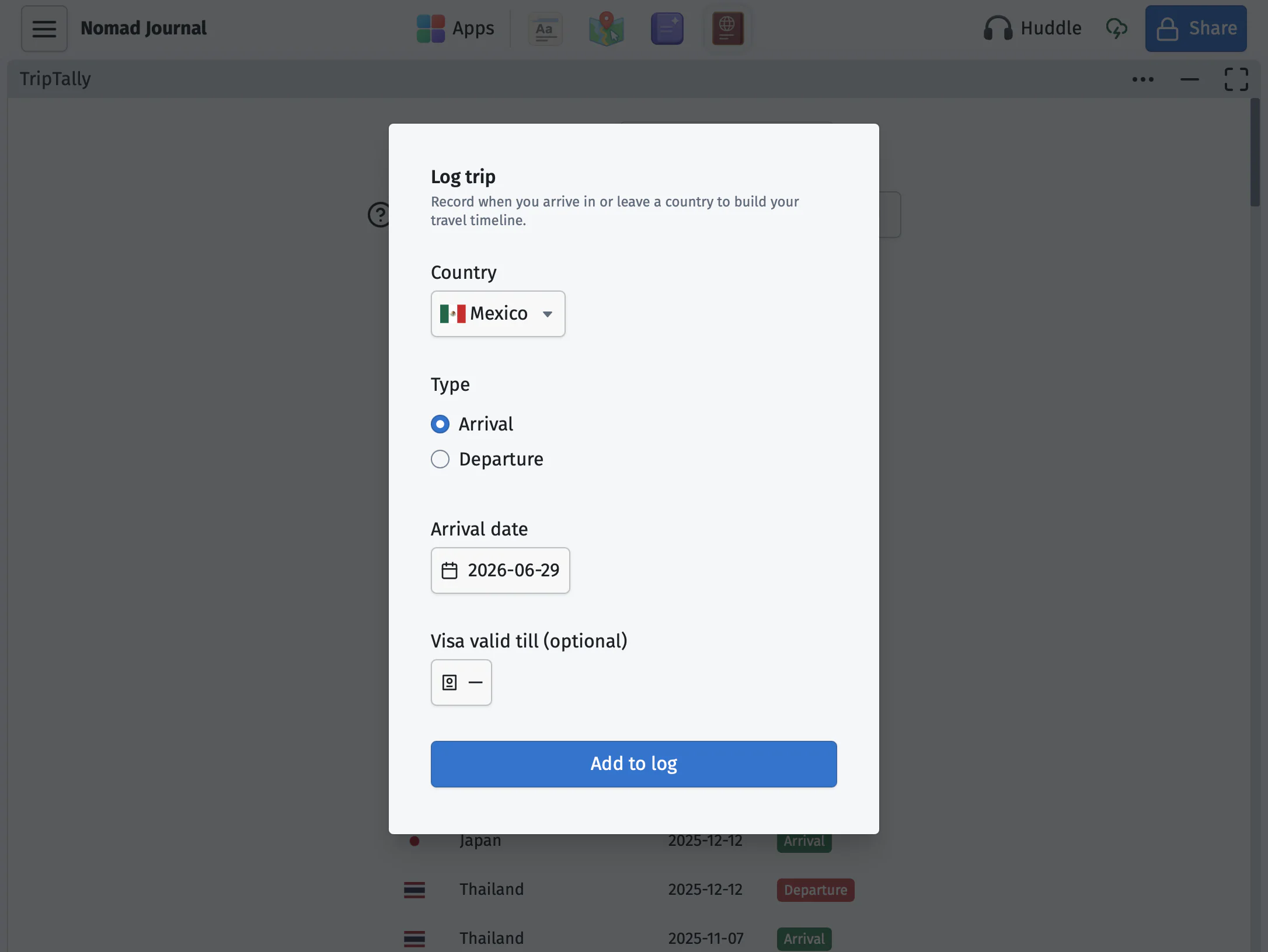 TripTally form for logging an arrival in Mexico