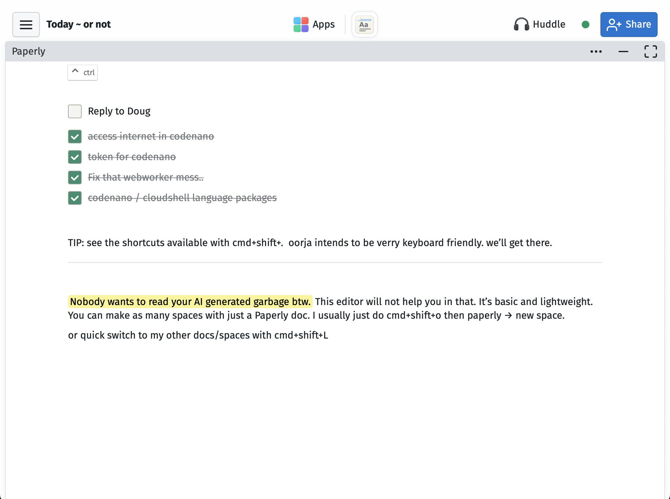 Paperly note-taking app open in a Nomad space