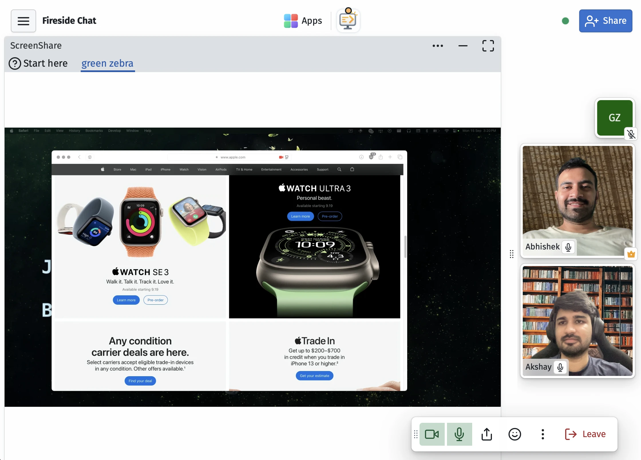 Screen sharing interface in a Nomad space