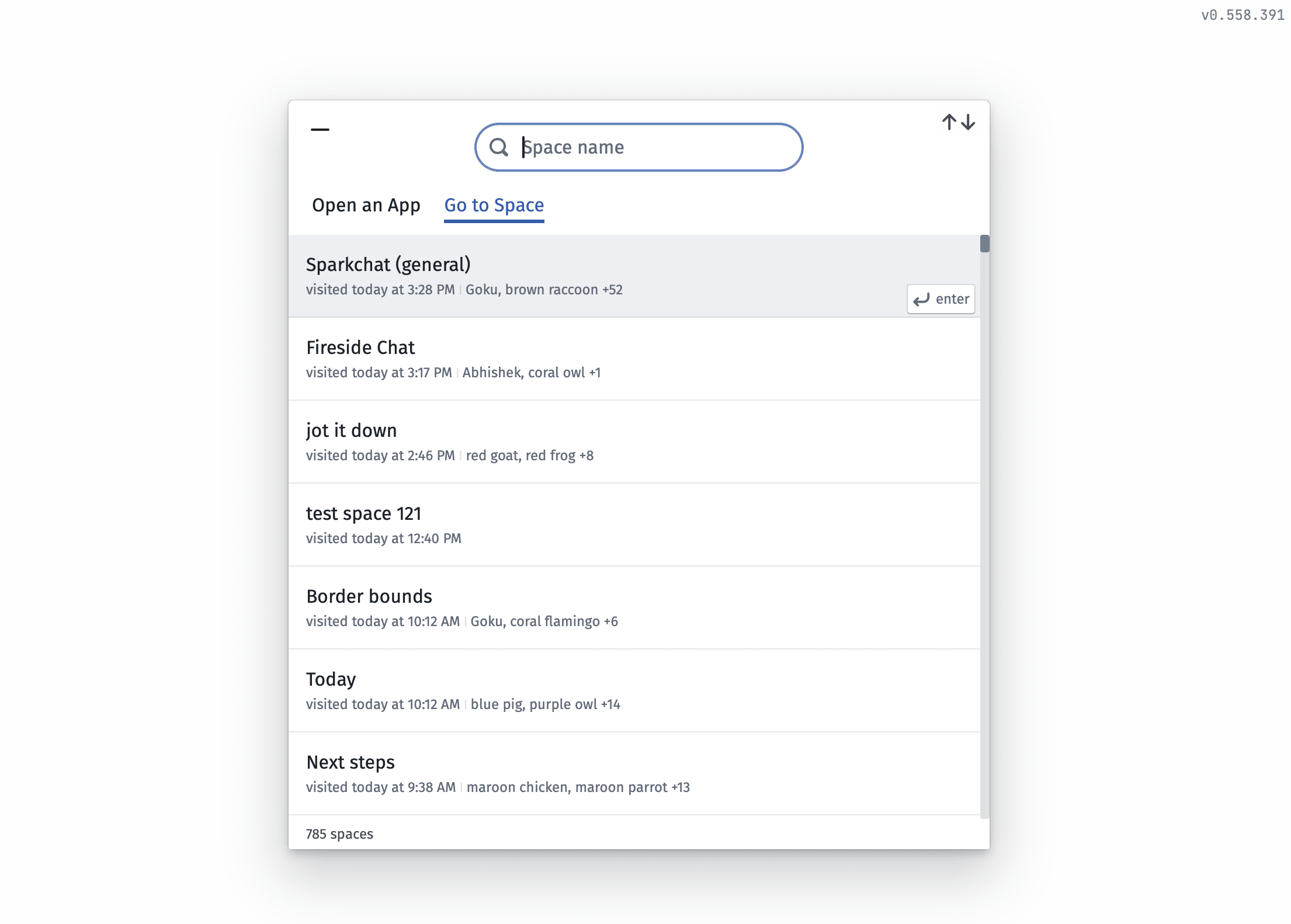 Nomad space switcher showing a list of available spaces